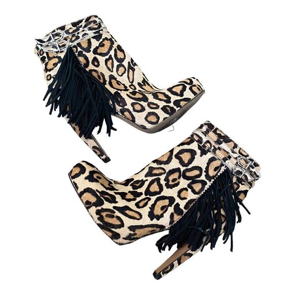 Sam Edelman | Keegan Leopard Animal Print Black Tan Calf Hair Fringe Ankle Boots - Picture 6 of 10